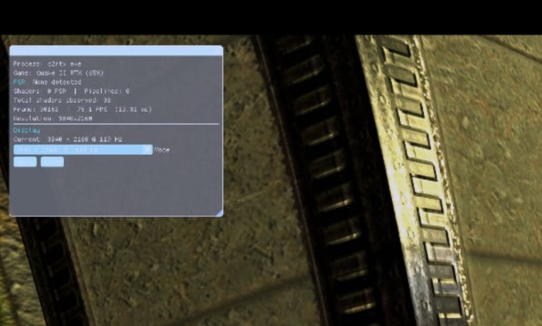 Kohala overlay running in Quake II RTX — showing process info, shader count, FPS, resolution, and display settings